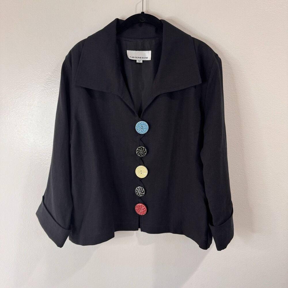 Caroline Rose Blazer Jacket M Black Linen Ceramic Buttons Colorful Art to Wear